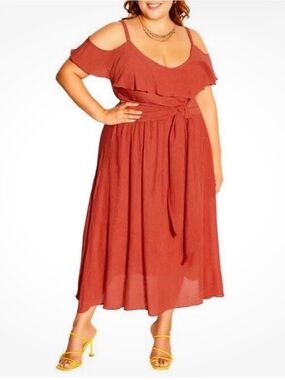 City Chic Rust Cold-Shoulder Midi Dress with Waist Tie